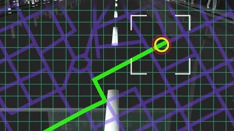 Scope over navigation map line scheme against road marking in background Stock Footage 191101426