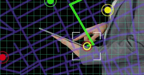 Scope over navigation map line scheme against mid section of businessman using a Stock Photos