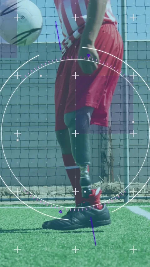 Scope scanner over against male soccer player with prosthetic leg practicing Stock Footage 341952858