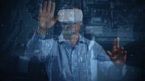 Scope scanning against man using virtual reality headset and city traffic Stock Footage 135457081