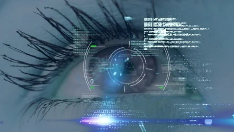 Scope scanning and data processing over close up of female eye Video stock 150853007