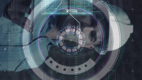 Scope scanning and data processing against 3d hologram over male architect Stock Footage 312283995