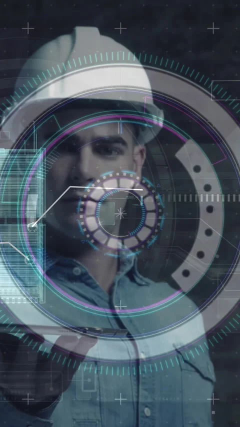Scope scanning and data processing against 3d hologram over male architect Stock Footage 331653098