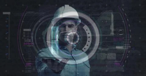 Scope scanning and data processing against 3d hologram over male architect 写真素材