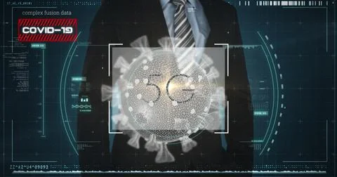 Scope scanning over 5G text and Covid-19 cell against mid section of businessman Stock Illustration