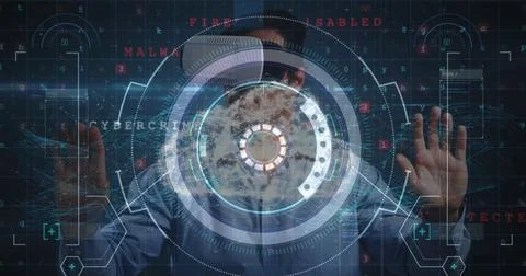 Scope scanning over data processing against man wearing vr headset touching 写真素材