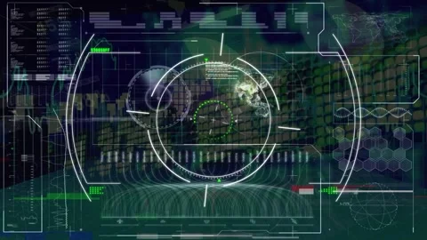Scope scanning over digital interface with data processing against blue Stock Footage 328829688