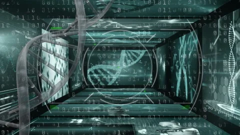 Scope scanning over dna structure spinning against screens on binary coding data Video stock 150853662