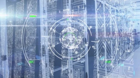 Scope scanning over globe of network of connections against computer server room Stock Footage 328973820