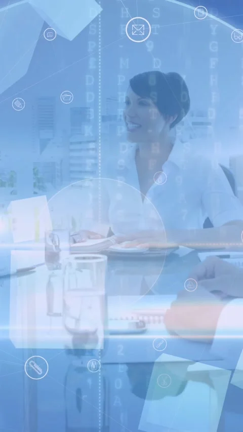 Scope scanning over network of digital icons against businesspeople shaking Stock Footage 343738674