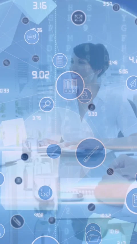 Scope scanning over network of digital icons against businesspeople shaking Stock Footage 343738683