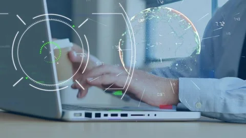 Scope scanning over spinning globe against mid section of man drinking coffee Stock Footage 329231917