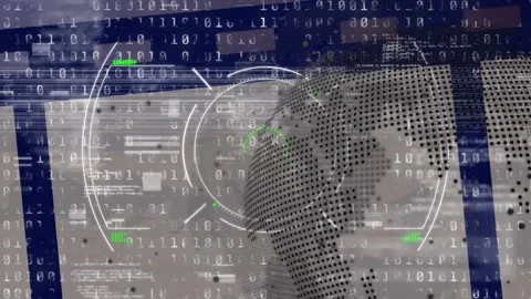 Scope scanning over spinning globe and binary coding data processing on blue Stock Footage 330171436