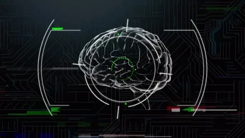 Scope scanning over spinning human brain against microprocessor connections on Stockbeeldmateriaal 327061132