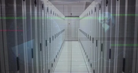 Scope scanning, spinning globe and data processing against empty computer server Stock Footage 327784953