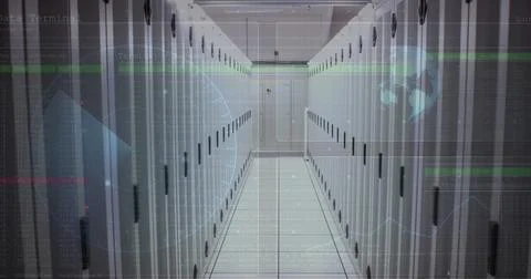 Scope scanning, spinning globe and data processing against empty computer server Stock Photos