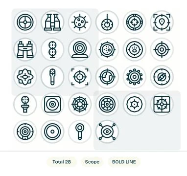 Scope Vector Icon Library with 28 Bold Line High Resolution Editable Designs Stock Illustration