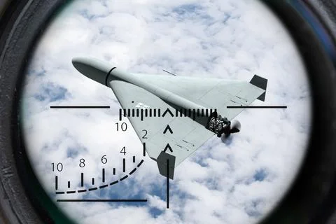 Scope view of attack drone during aerial monitoring of airspace. 스톡 사진