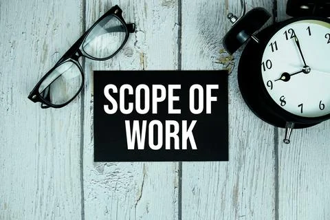 Scope Of Work text on paper card with alarm clock on wooden background Stock Photos