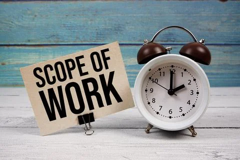 Scope Of Work text written on paper card with alarm clock on wooden backgroun Stock Photos