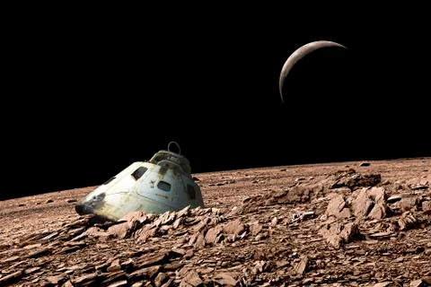 A scorched space capsule lies abandoned on a barren and airless moon. Stock Photos