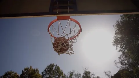 Scoring a basketball goal, a view from under the basket of a street court in Stock Footage 240054070