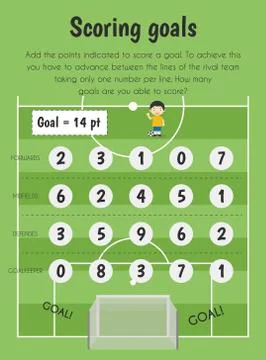 Scoring goals Educational Sheet. Primary module for Numerical Ability. 5-6 ye Illustrazione stock