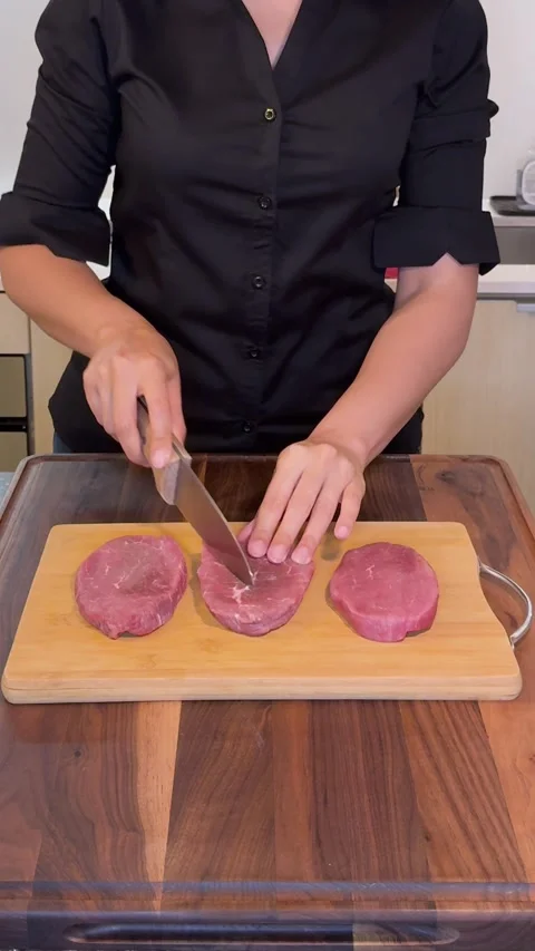 Scoring Raw Beef Steaks with Knife for Cooking, Meat Preparation Close-Up Stock Footage 331074536
