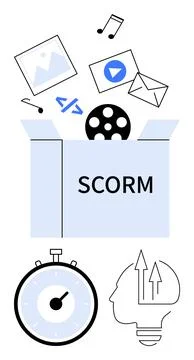 SCORM Box Concept with Multimedia and Learning Icons Representing eLearning.. イラスト素材