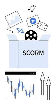 SCORM box containing multimedia elements, coding, and data rising. Growth cha Stock Illustration