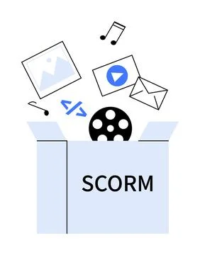SCORM box with musical note, image, video, code, and email symbols above it Stock Illustration