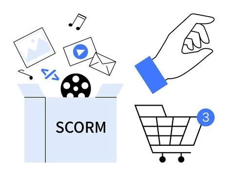 SCORM components in a box with hand selecting items and shopping cart indic.. Illustrazione stock