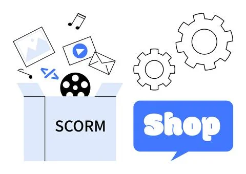 SCORM Package Concept for E-Learning with Multimedia Elements and Shop Icon Illustrazione stock