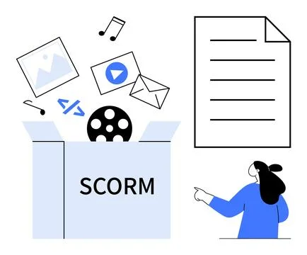SCORM package elements including a video reel, code, image, music note, lette Illustrazione stock