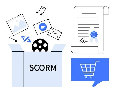 SCORM Package with Multimedia Elements and Certificate Beside Online Store Ic Stock Illustration