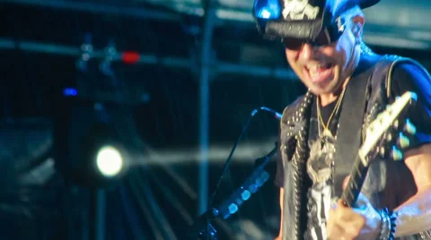 Scorpions performance in the pouring rain at the rock festival The Best City.UA Stock Footage 32325680