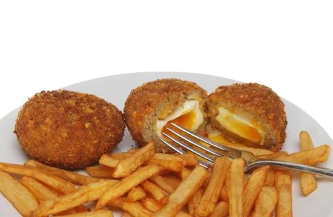 Scotch egg and chips Stock Photos