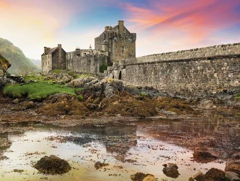 Scotland - Eilean Donan Castle with at dramatic sunset Stock Photos