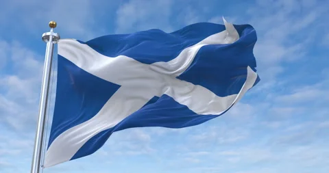 Scotland flag with flagpole waving in rolling clouds looping, 4K (Perfect Loop) Video stock 277489007