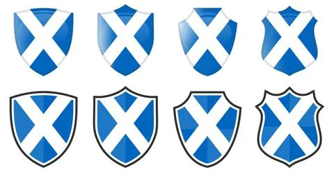 Scotland flag in shield shape, four 3d and simple versions. Scottish icon / s Ilustración de archivo