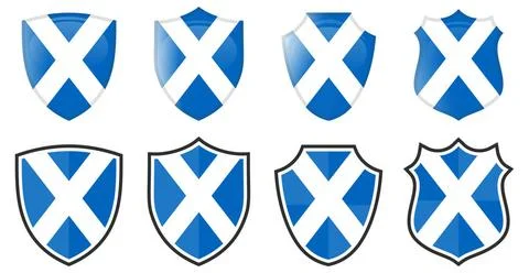 Scotland flag in shield shape, four 3d and simple versions. Scottish icon ... Stock Photos