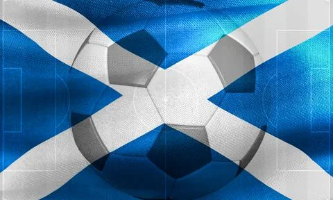 Scotland flag with soccer ball and playing field texture Stock Illustration