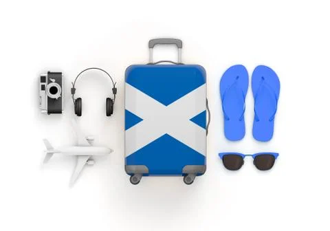 Scotland flag suitcase and travel accessories lay flat. 3D Render Stock Illustration