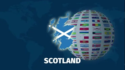 Scotland map animation on rotating flag globe with blue background Stock Footage 328238292