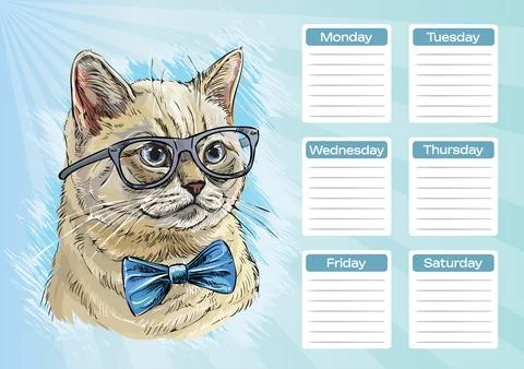 Scottish cat with bow printable planner and school schedule vector Stock Illustration