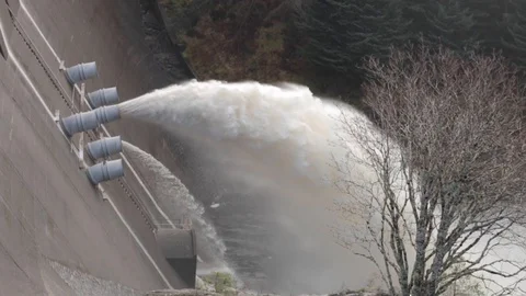 Scottish Dam Sluice Gate Open Gushing Water HD Stock Footage 128043546