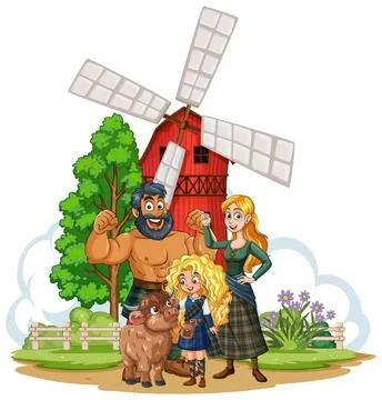 Scottish Family Posing in Front of Windmill Farm Stock Illustration