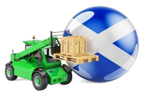 Scottish flag with telescopic handler truck and parcel. Cargo shipping in Sco Illustrazione stock