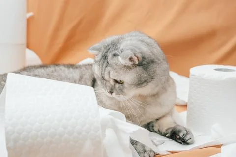 Scottish fold Cat resting on white paper towels in  home setting with light o Stock Photos