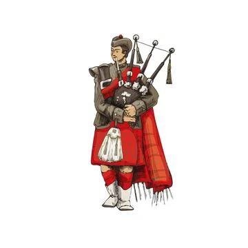 Scottish man dressed in kilt playing traditional bagpipes. Vintage vector hat Stock Illustration